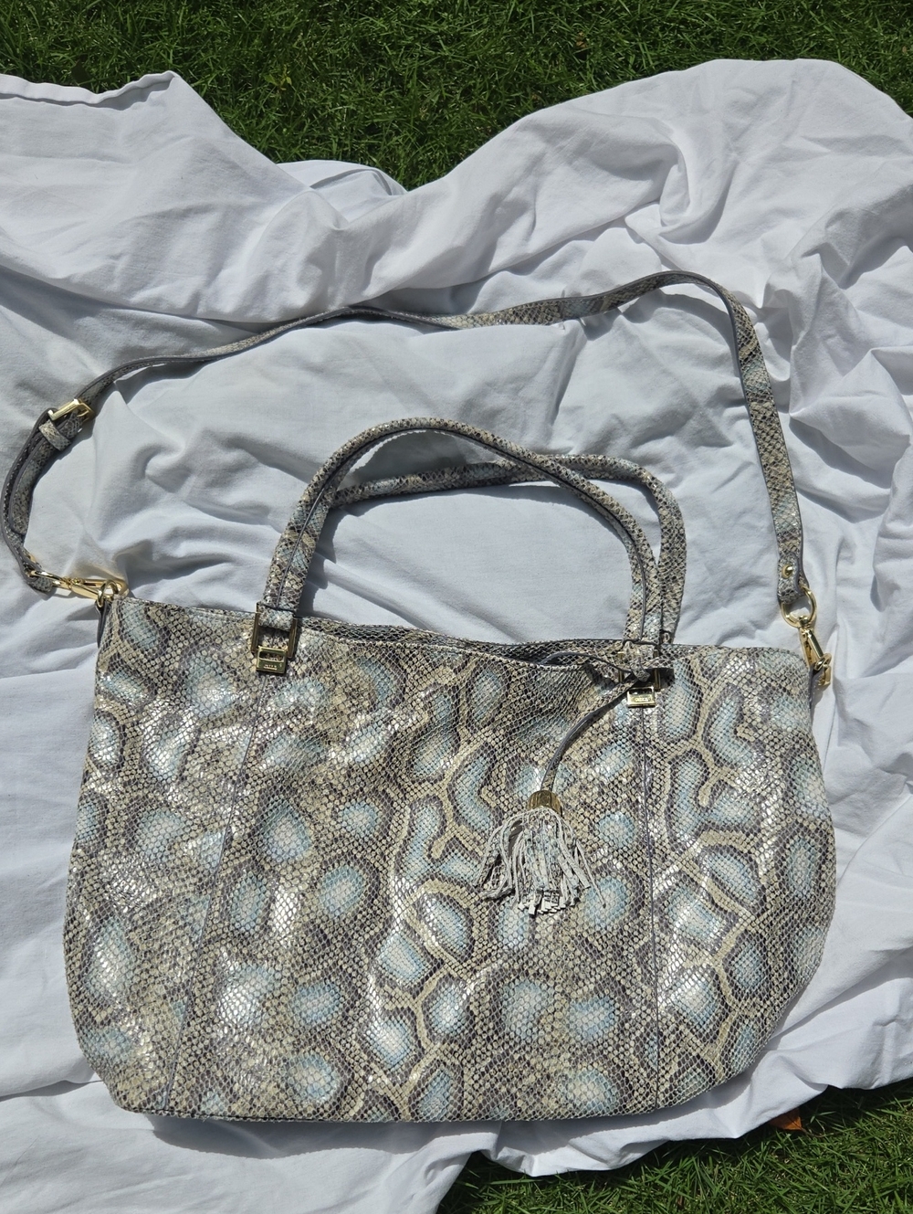 G.I.L.I. Snake-Print Shoulder Tote in Cream, Gray and Blue